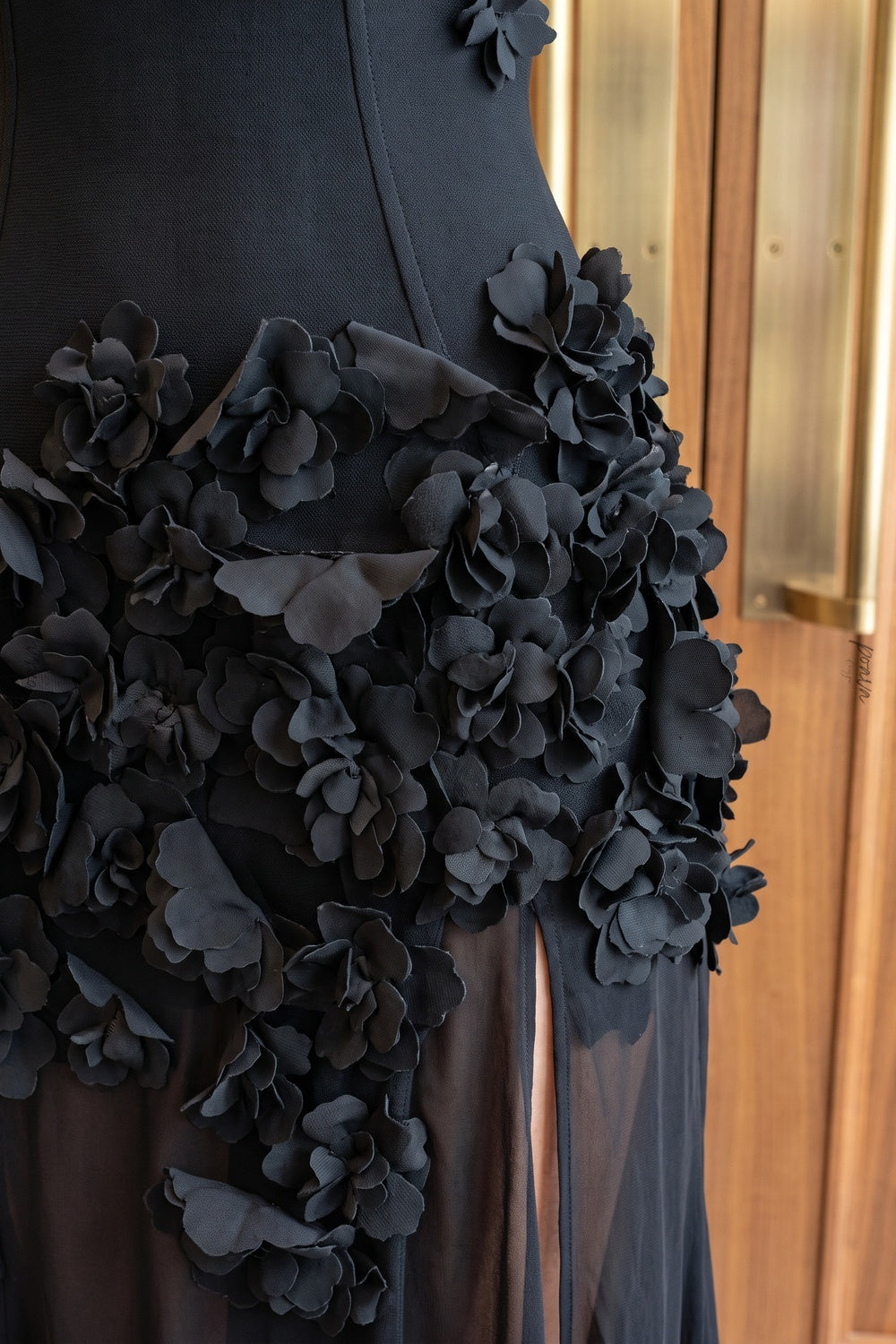 Black Crepe Fitted Bodice with Flowing Sheer Skirt Gown black crepe gown - product view 6
