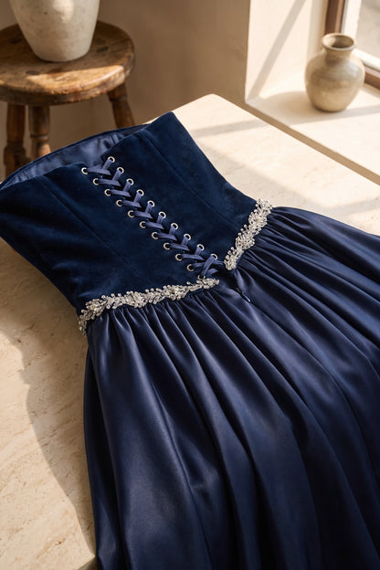 Navy Blue Strapless Velvet and Satin Evening Gown Premium Fabric - product view 3