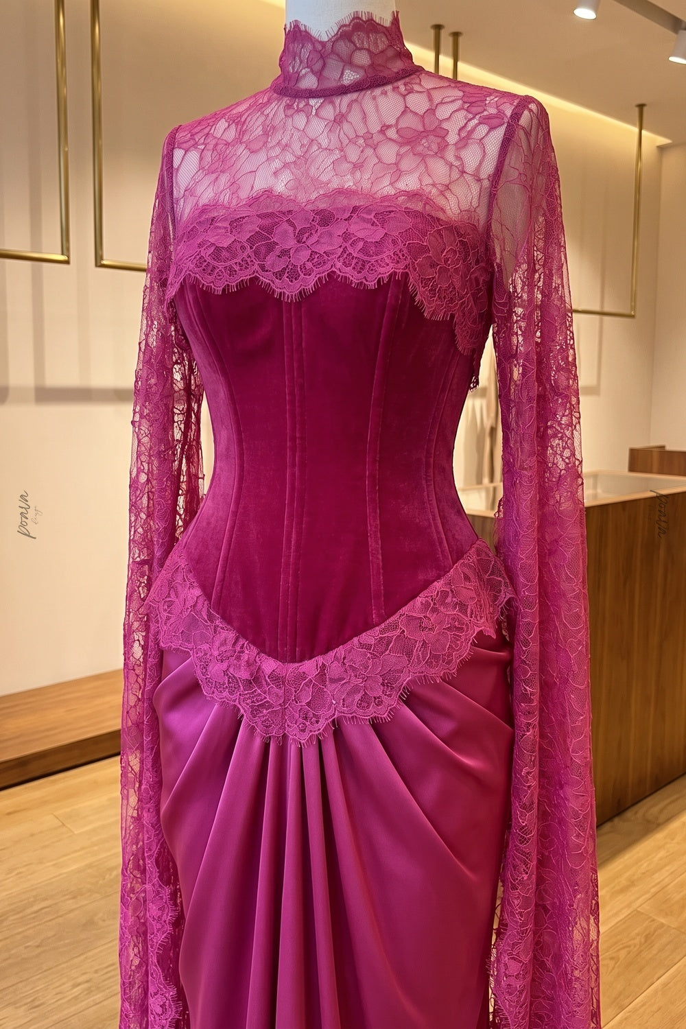 Magenta Velvet Corset-Bodice Draped Gown magenta velvet evening gown - product view 6