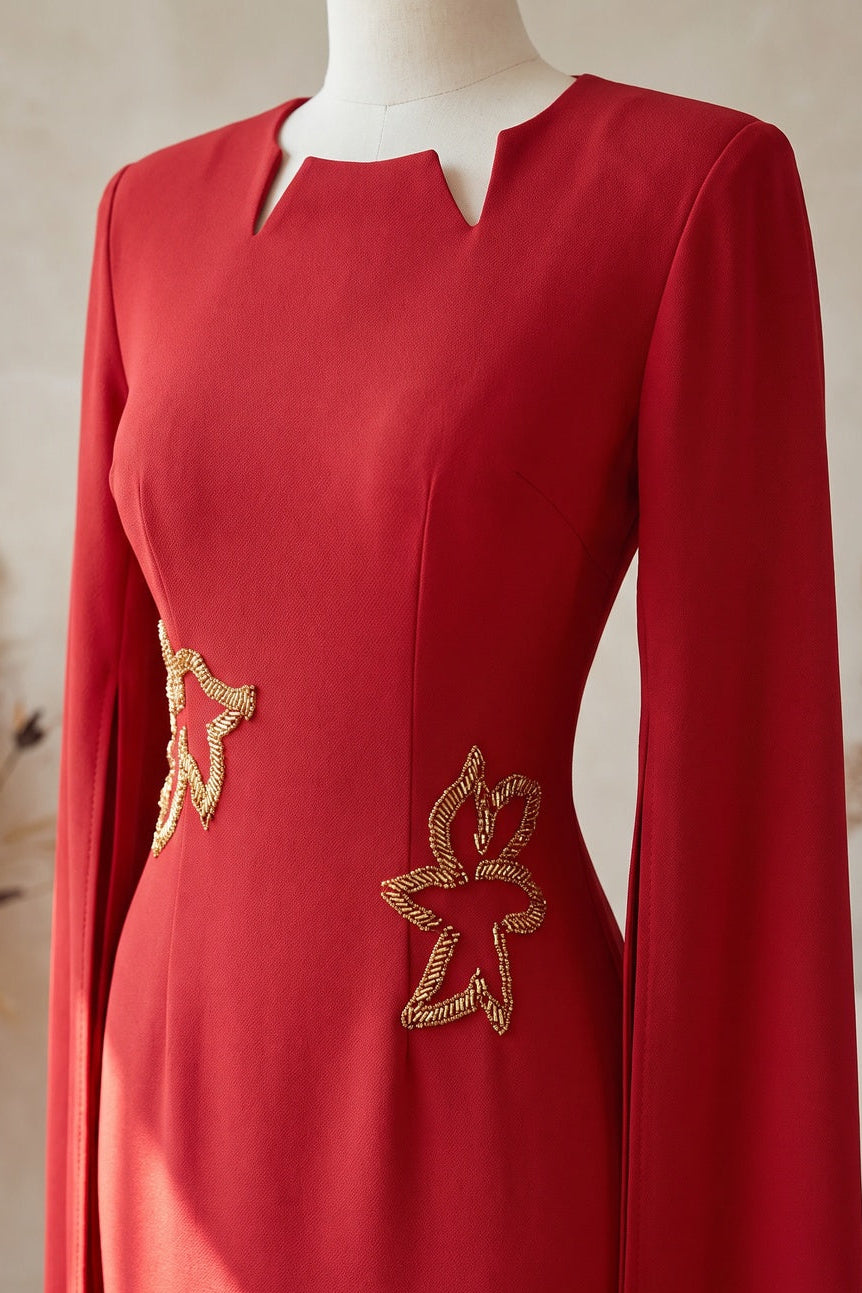 Red Crepe Column Gown with Cape Sleeves Red Crepe Gown - product view 6