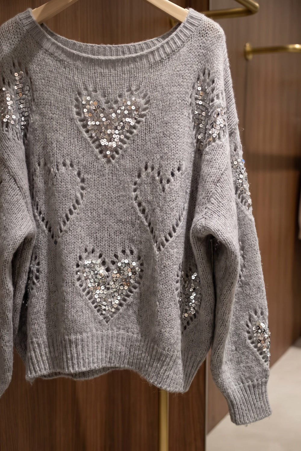 Grey Oversized Slouchy Sweater with Sequin Heart Motifs grey chunky knit yarn sweater - product view 6