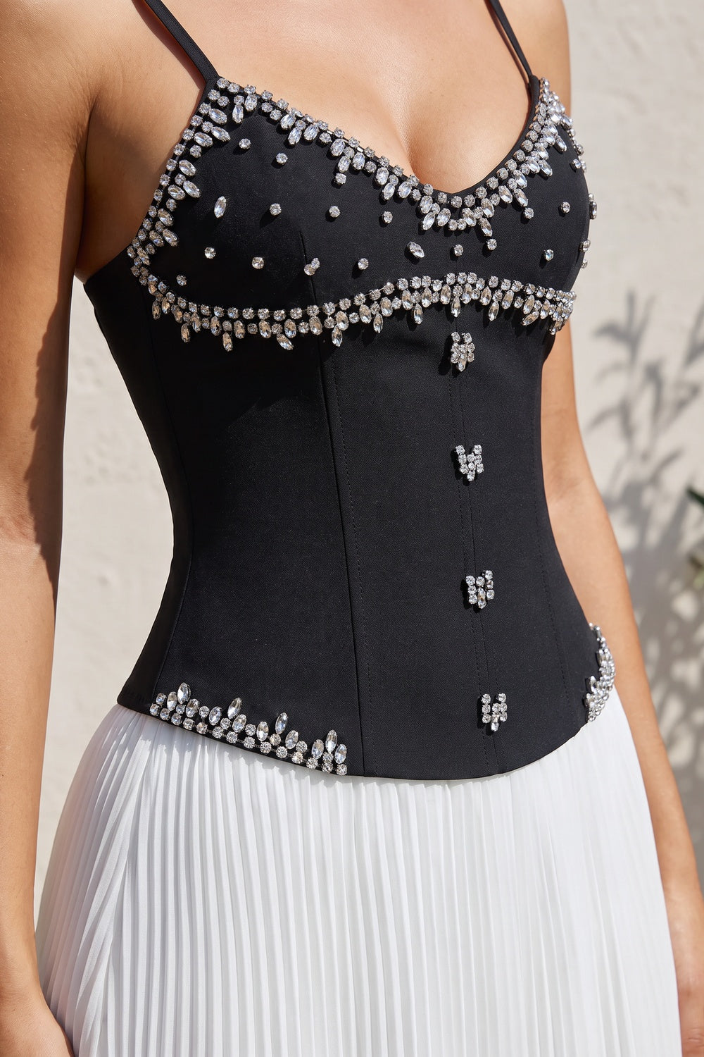 Black Embellished Corset Bodice and White Pleated Maxi Skirt Two-Piece Dress Set black, white structured crepe or satin blend for bodice; lightweight chiffon for skirt two-piece dress set - product view 6