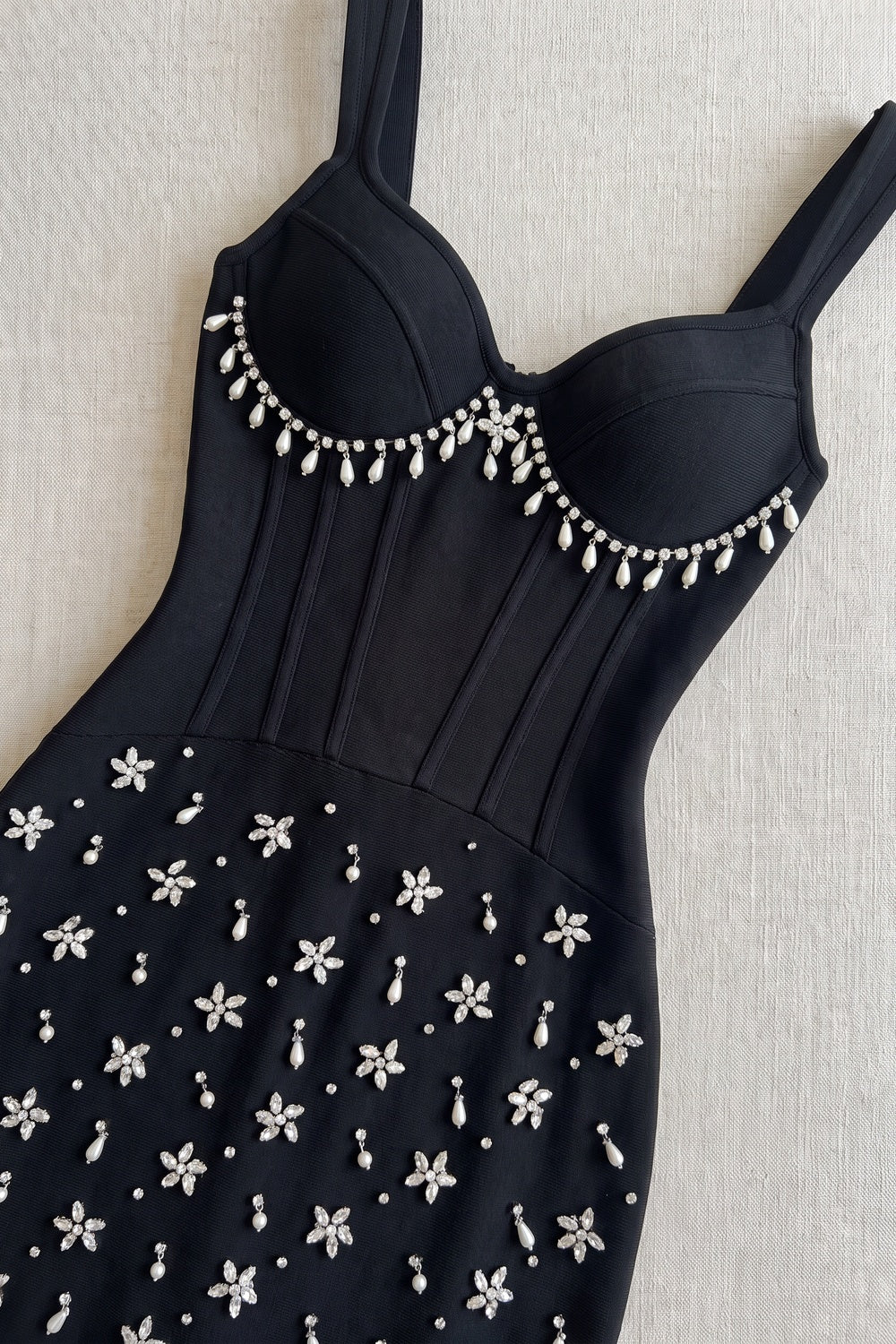 Black Sheath Midi Dress with Pearl and Crystal Fringe black heavy stretch knit midi dress - product view 6