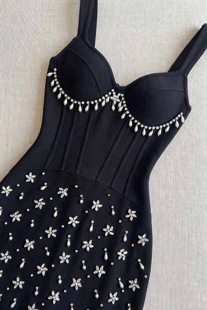 Black Sheath Midi Dress with Pearl and Crystal Fringe black heavy stretch knit midi dress - product view 6