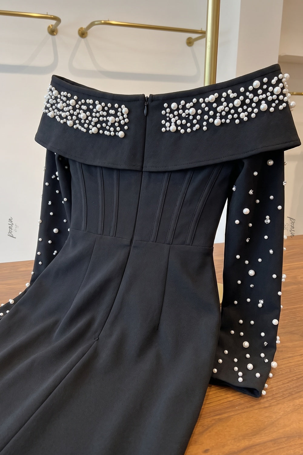 Black Heavy Stretch Crepe Column Evening Gown with Pearl Embellishment black heavy stretch crepe evening gown - product view 6