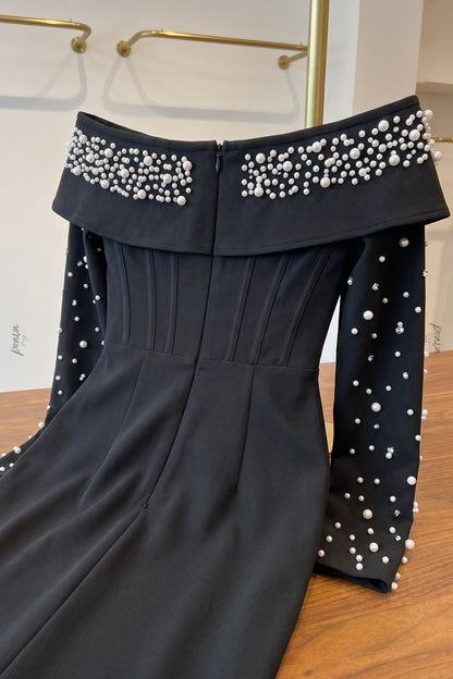 Black Heavy Stretch Crepe Column Evening Gown with Pearl Embellishment black heavy stretch crepe evening gown - product view 6