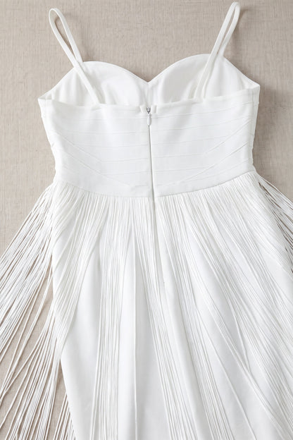White Structured Crepe Fringe Sheath Dress white structured crepe dress - product view 6