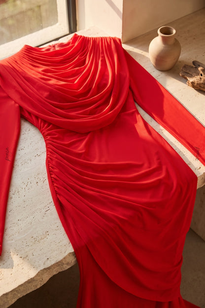 Bright Red Stretch Jersey Column Evening Gown bright red stretch jersey evening gown - product view 6