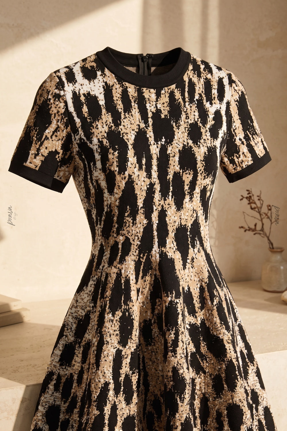 Black & Beige Abstract Leopard Print Structured Knit A-Line Mini Dress black, beige structured knit / jacquard dress - product view 6
