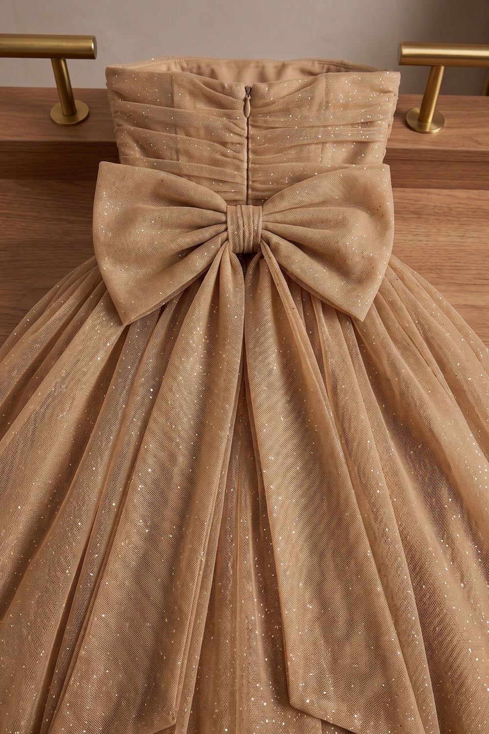 Gold Glitter Tulle Overlay A-Line Fit-and-Flare Dress gold, bronze glitter tulle overlay dress - product view 6