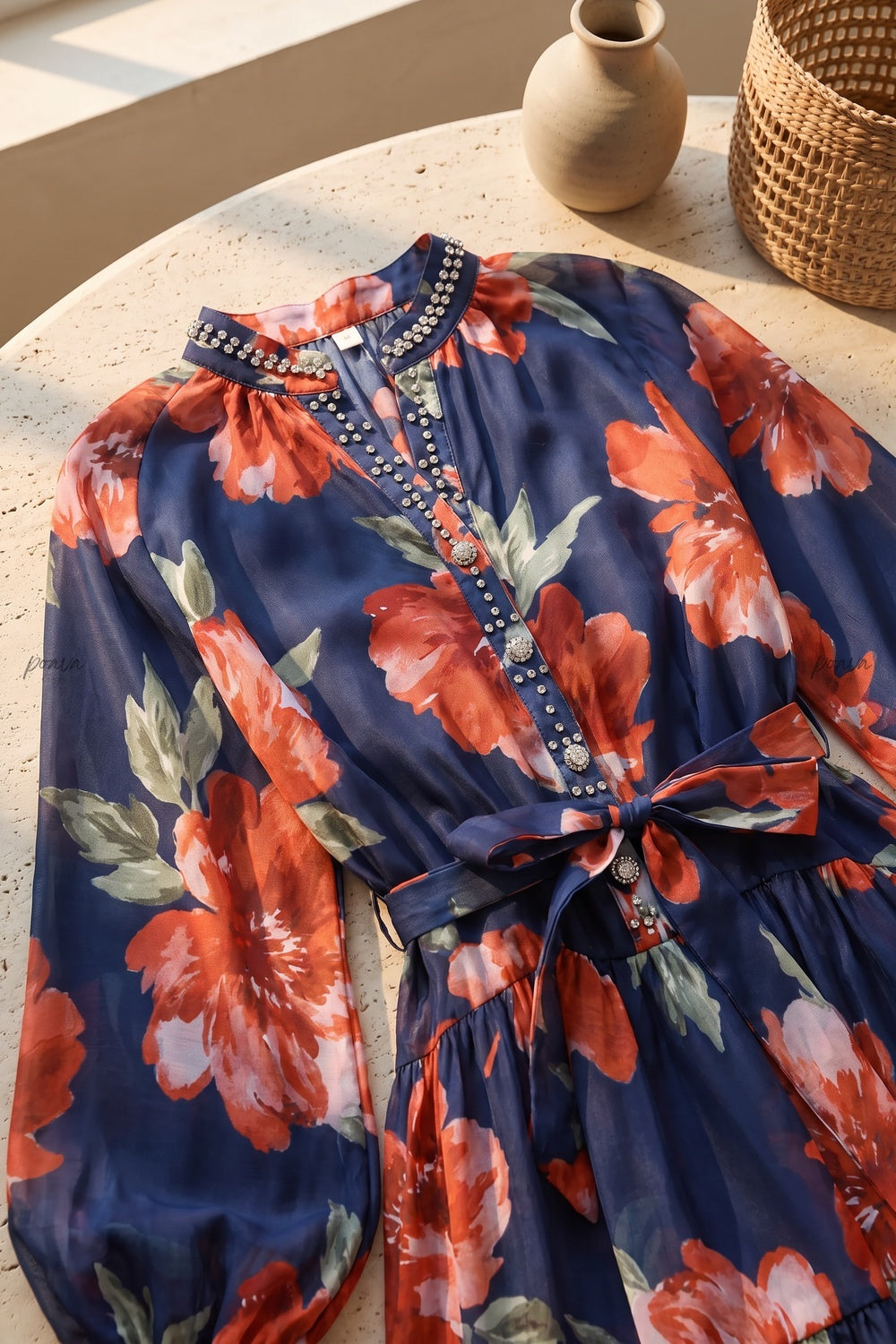 Navy Blue Tiered Chiffon Maxi Dress with Floral Print navy blue lightweight chiffon tiered maxi dress - product view 4
