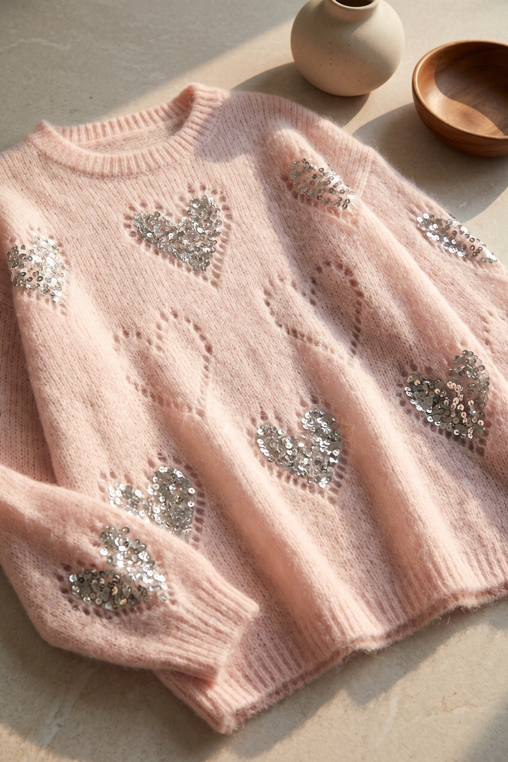 Pale Pink Fuzzy Mohair-Style Knit Oversized Sweater with Heart Motifs pale pink fuzzy mohair-style knit sweater - product view 6