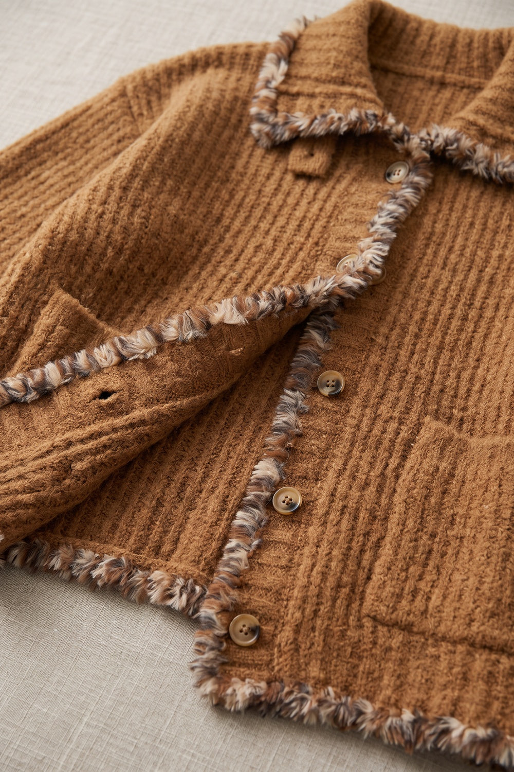 Caramel Brown Textured Mohair-Blend Knit Boxy Cardigan Jacket caramel brown textured mohair-blend knit cardigan jacket - product view 6