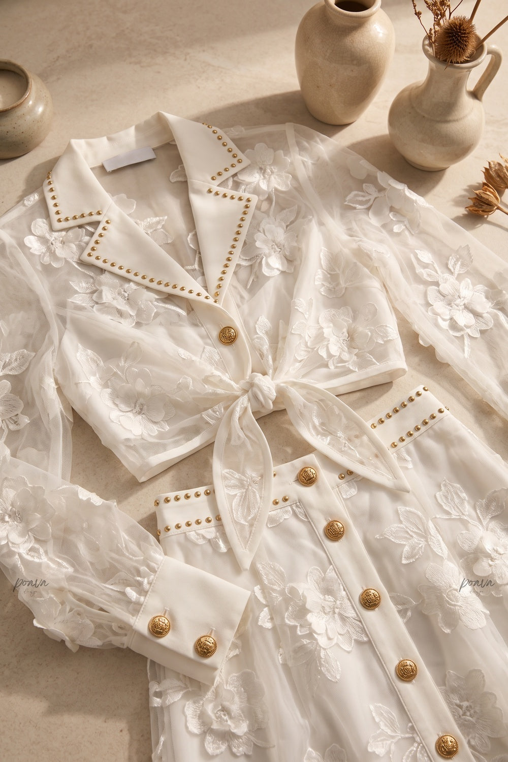 White 3D Floral Embroidery Two-Piece Set with Gold Hardware white sheer white mesh with dense 3D floral embroidery two-piece set - product view 6
