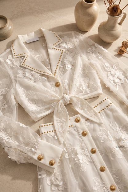 White 3D Floral Embroidery Two-Piece Set with Gold Hardware white sheer white mesh with dense 3D floral embroidery two-piece set - product view 6