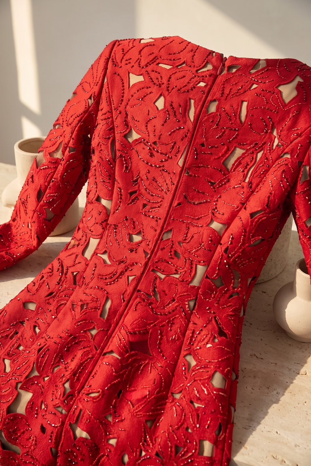 Red Laser-Cut Structured Fabric A-Line Gown red laser-cut structured fabric gown - product view 6