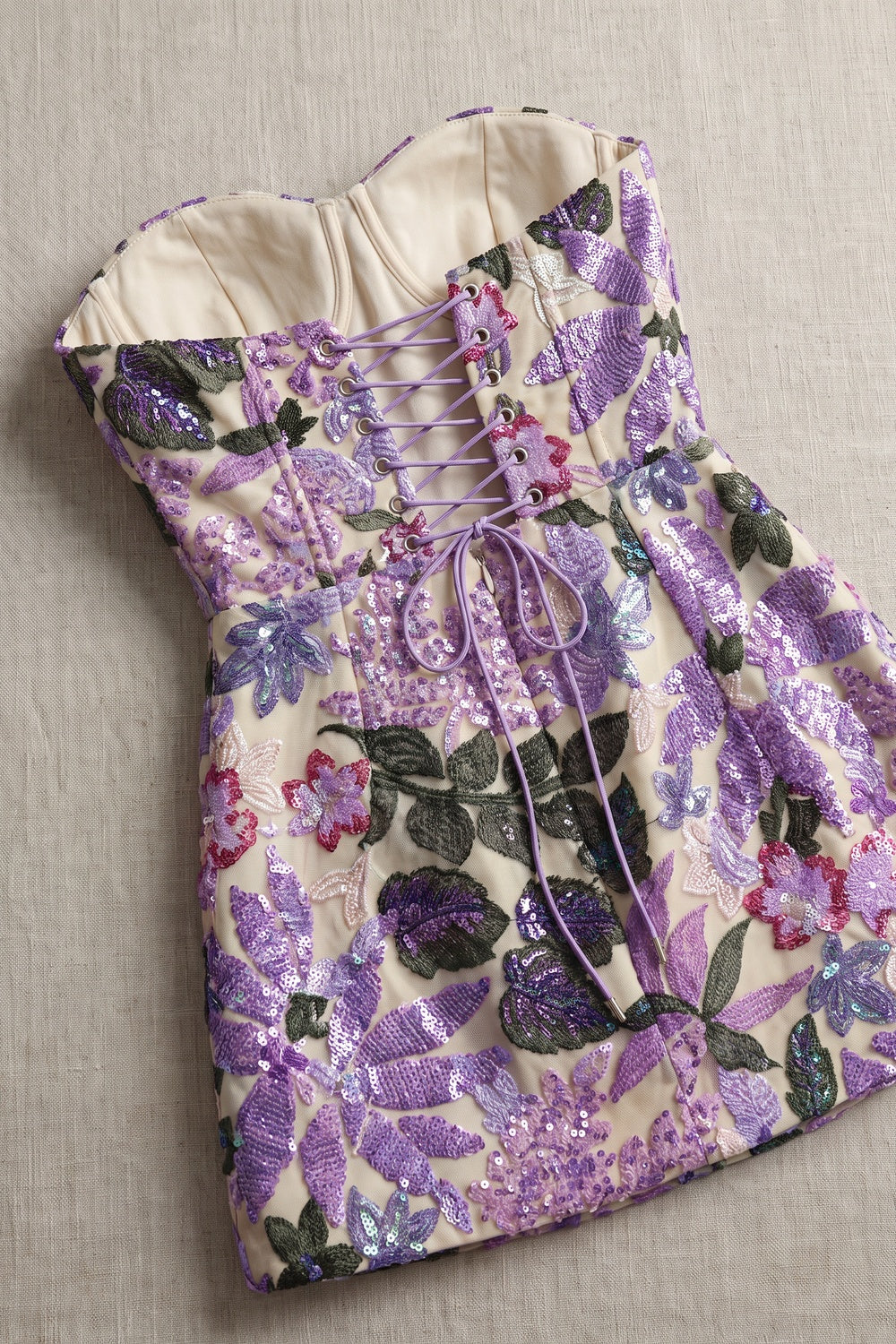Purple Embroidered Mesh Overlay A-Line Mini Dress purple, lavender, cream embroidered mesh overlay dress - product view 6
