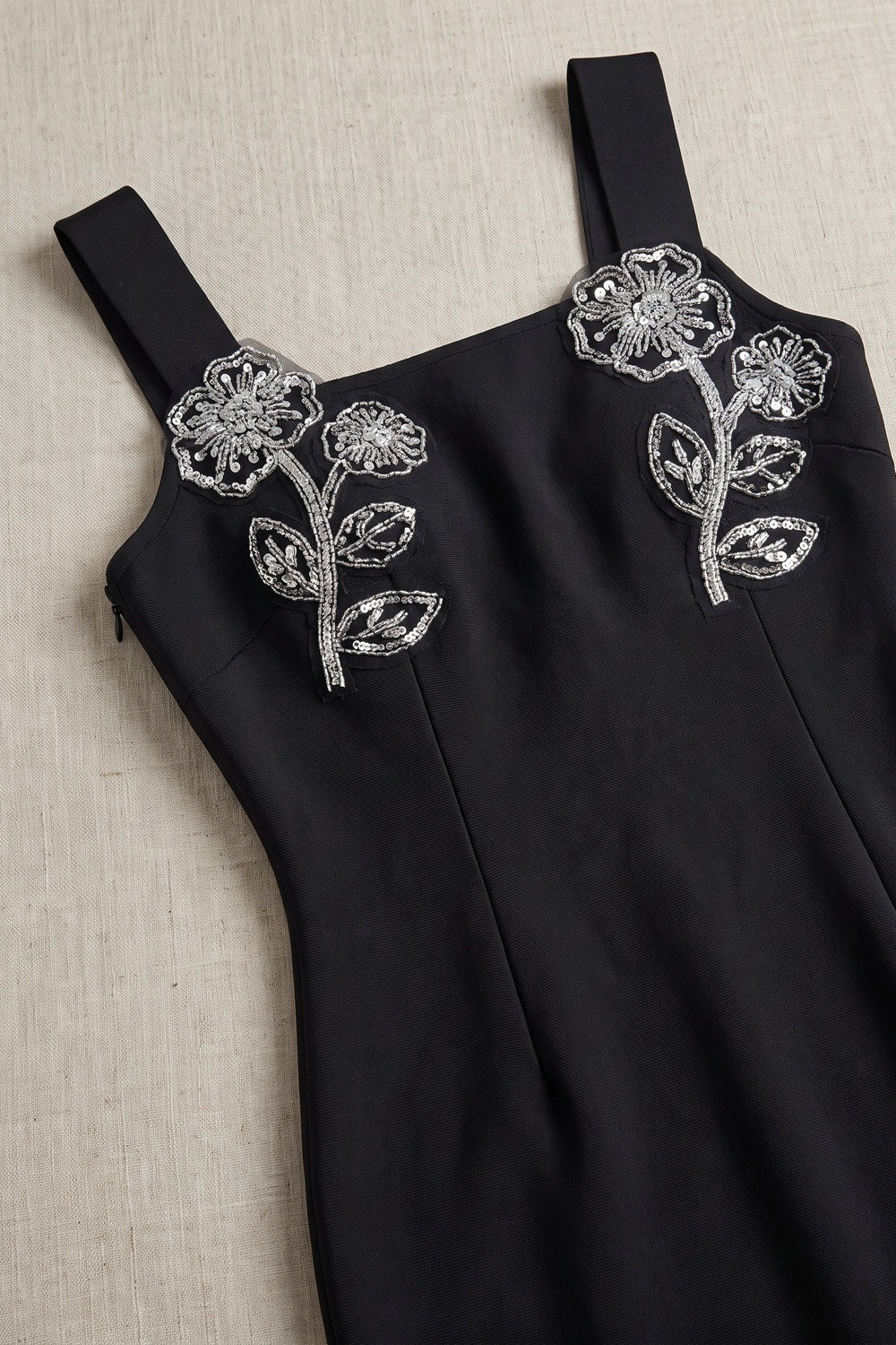 Black Heavy Stretch Knit Sheath Dress with Silver Floral Embellishments black heavy stretch knit dress - product view 6