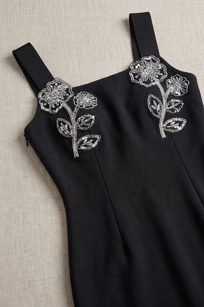 Black Heavy Stretch Knit Sheath Dress with Silver Floral Embellishments black heavy stretch knit dress - product view 6