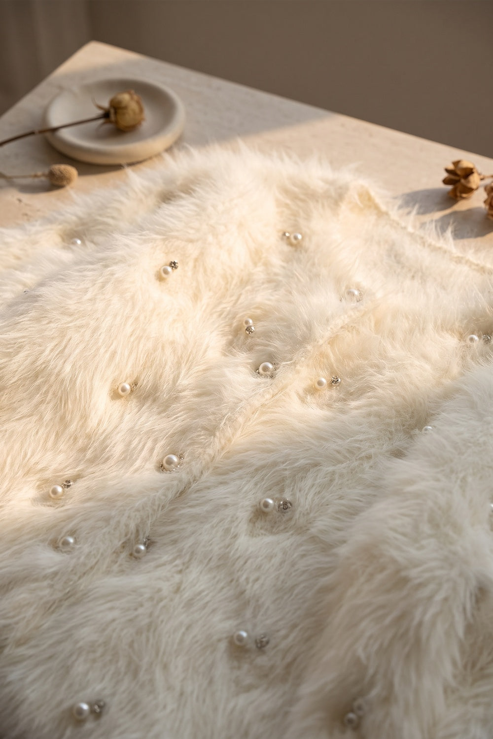 Off-White Faux Fur Shaggy Knit Cardigan With Pearl Embellishments off-white, cream faux fur / shaggy knit cardigan - product view 6