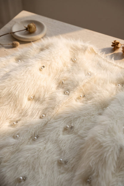 Off-White Faux Fur Shaggy Knit Cardigan With Pearl Embellishments off-white, cream faux fur / shaggy knit cardigan - product view 6