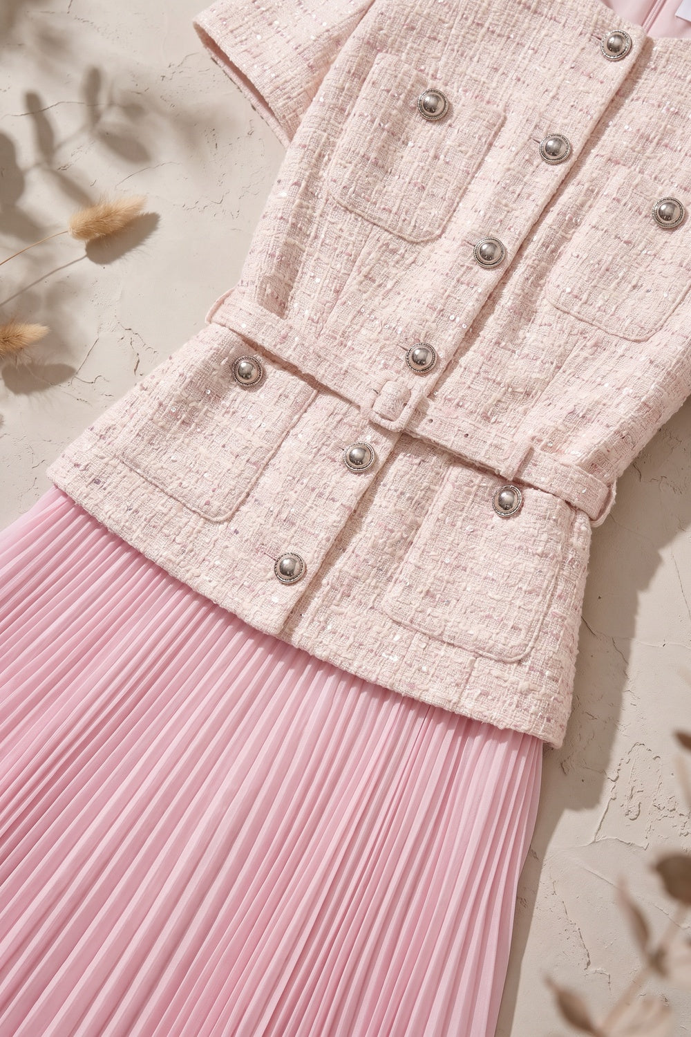 Pale Pink Tweed Fitted Bodice with Peplum and A-Line Skirt Two-Piece Set pale pink, cream tweed two-piece set - product view 6
