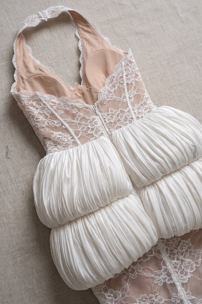 White Floral Lace Mermaid Gown with Bubble Peplum white floral lace gown - product view 6