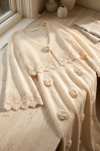 Cream Fuzzy Mohair-Blend Two-Piece Knit Set with Capelet and Rose Appliqué Maxi Dress cream, off-white fuzzy mohair-blend knit two-piece knit set (capelet and maxi dress) - product view 6