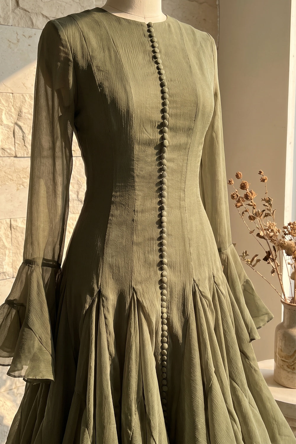 Olive Green Sheer Chiffon Fit-and-Flare Midi Dress olive green sheer chiffon dress - product view 6