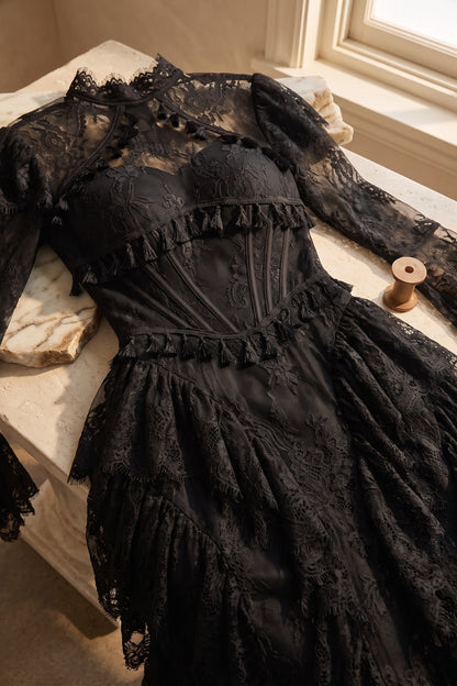 Black Floral Lace A-Line Gown with Structured Bodice and Tiered Skirt black floral lace gown - product view 6
