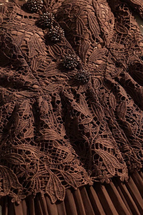 Dark Brown Guipure Lace Peplum Top & Pleated Maxi Skirt Two-Piece Set dark brown guipure lace two-piece skirt set - product view 6