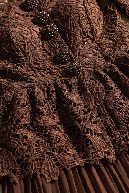 Dark Brown Guipure Lace Peplum Top & Pleated Maxi Skirt Two-Piece Set dark brown guipure lace two-piece skirt set - product view 6