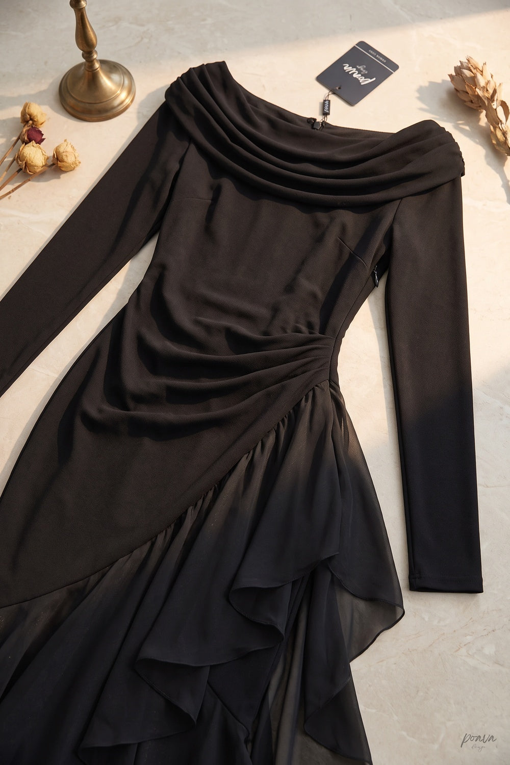 Black Mermaid Evening Gown with Sheer Ruffle Detail black opaque matte crepe evening gown - product view 6