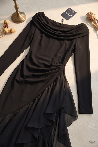 Black Mermaid Evening Gown with Sheer Ruffle Detail black opaque matte crepe evening gown - product view 6