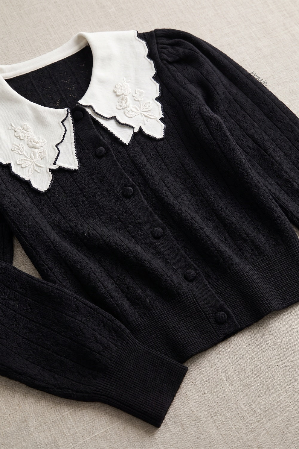 Black Pointelle Knit Cardigan with White Embroidered Collar black fine pointelle knit cardigan - product view 6