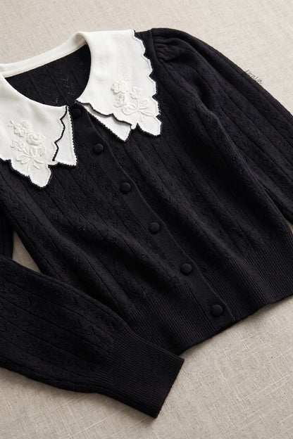 Black Pointelle Knit Cardigan with White Embroidered Collar black fine pointelle knit cardigan - product view 6