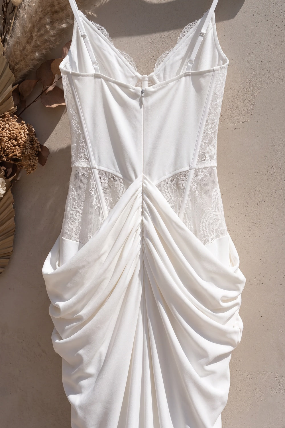 White Crepe Maxi Dress with Corset Lace Bodice and Draped Skirt white crepe maxi dress - product view 6