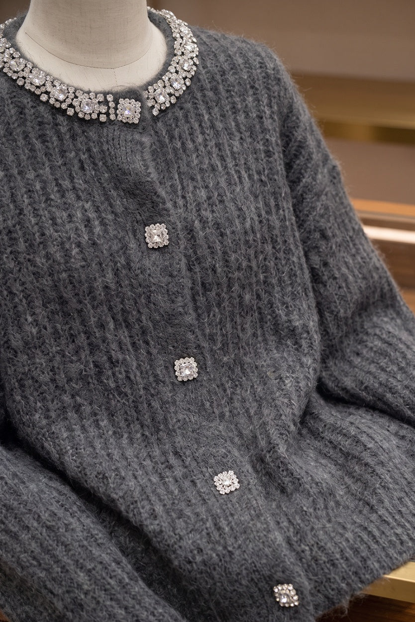 Charcoal Grey Fuzzy Mohair-Style Knit Relaxed Boxy Cardigan charcoal grey fuzzy mohair-style knit cardigan - product view 6