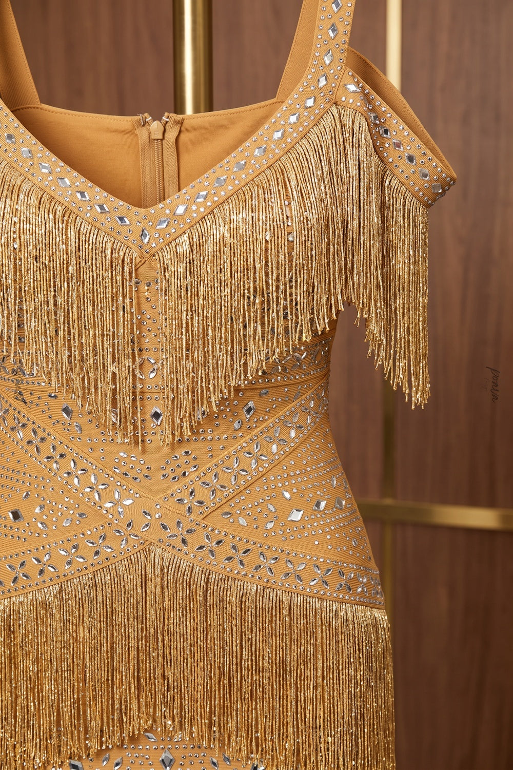 Mustard Gold Fringe Evening Gown with Rhinestone Embellishment mustard gold heavy stretch bandage knit evening gown - product view 6