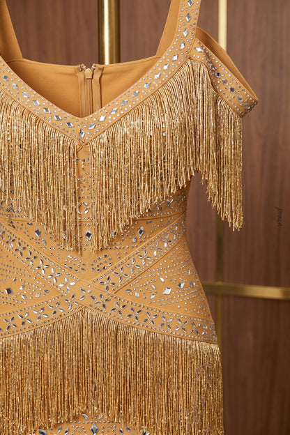 Mustard Gold Fringe Evening Gown with Rhinestone Embellishment mustard gold heavy stretch bandage knit evening gown - product view 6