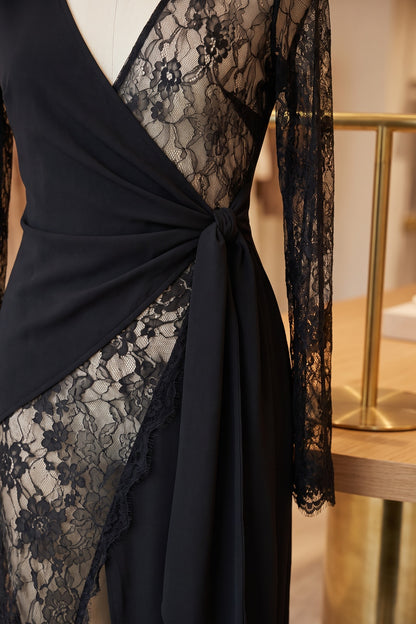 Asymmetrical Wrap Maxi Dress in Black Opaque Crepe with Floral Lace Panels black opaque black crepe dress - product view 6