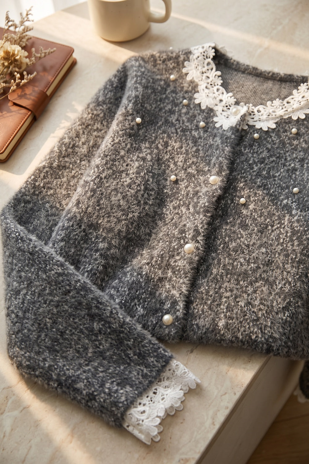 Grey Fuzzy Marled Knit Boxy, Slightly Cropped Cardigan grey, white fuzzy marled knit cardigan - product view 6