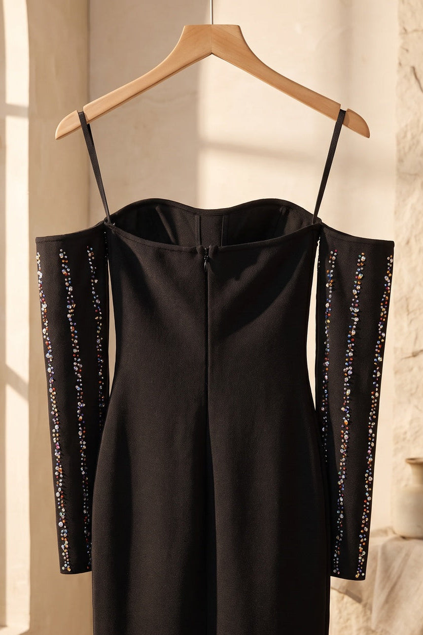 Black Strapless Maxi Dress with Detached Sleeves black heavy stretch knit strapless maxi dress with detached sleeves - product view 6