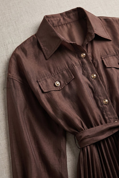 Chocolate Brown Semi-Sheer Organza-Like A-Line Maxi Shirt Dress chocolate brown semi-sheer organza-like fabric maxi shirt dress - product view 5