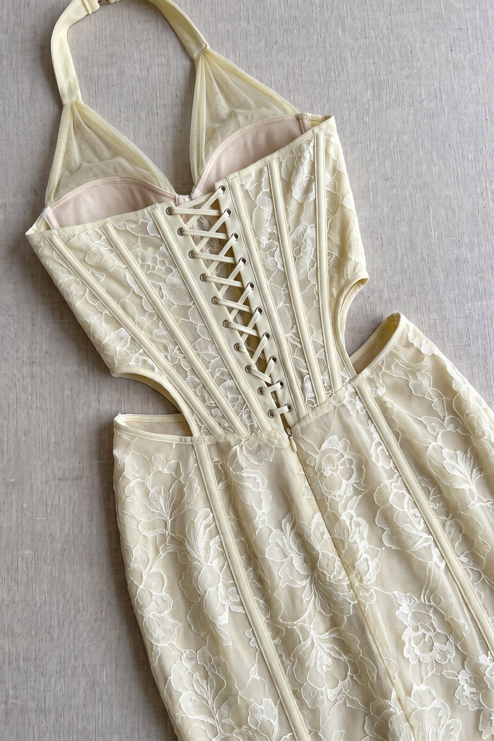 Pale Yellow Floral Lace Mermaid Gown pale yellow floral lace gown - product view 6