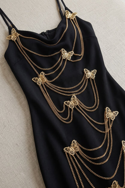 Black Heavy Knit Crepe Column Maxi Dress with Gold Butterfly Embellishment black heavy knit crepe maxi dress - product view 6