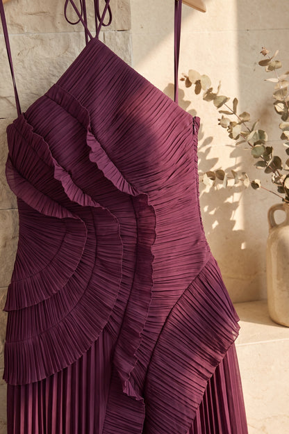 Deep Plum Asymmetrical Pleated Ruffle A-Line Dress deep plum pleated chiffon or georgette dress - product view 6