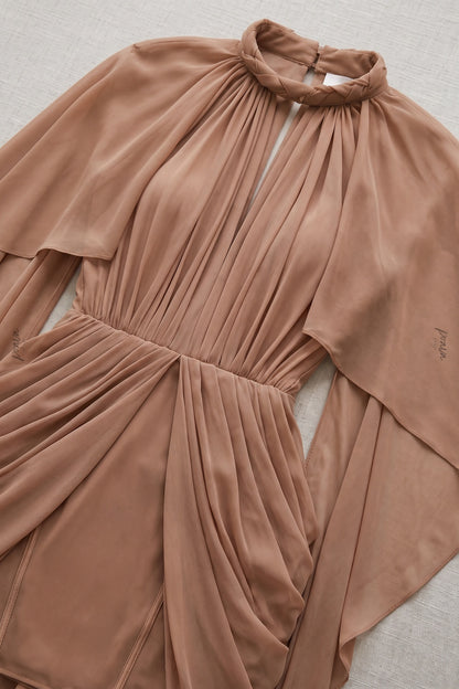 Nude Sheer Chiffon or Georgette Fitted Bodycon Under-Layer with Draped Cape Overlay Mini Dress nude, tan, taupe sheer chiffon or georgette mini dress - product view 4