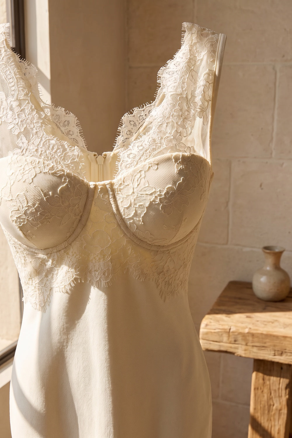 Cream Bodycon Sheath Dress with Lace Bodice cream heavy stretch knit dress - product view 6