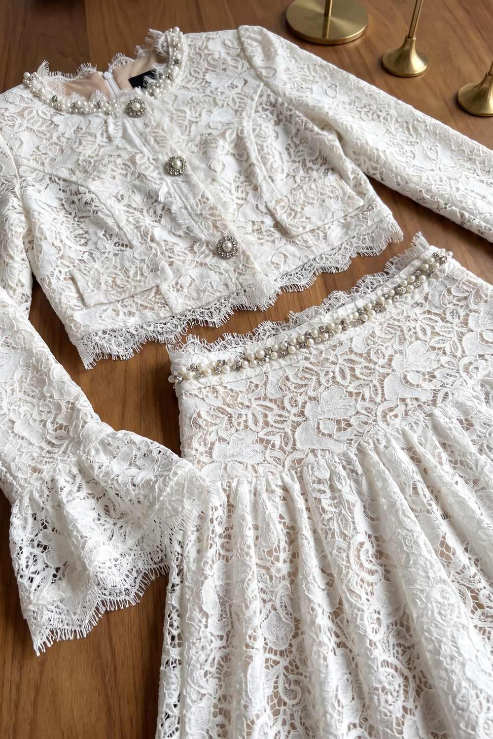 White Floral Corded Lace Fitted Cropped Jacket with Flared Mini Skirt Two-Piece Set white floral corded lace two-piece set - product view 6